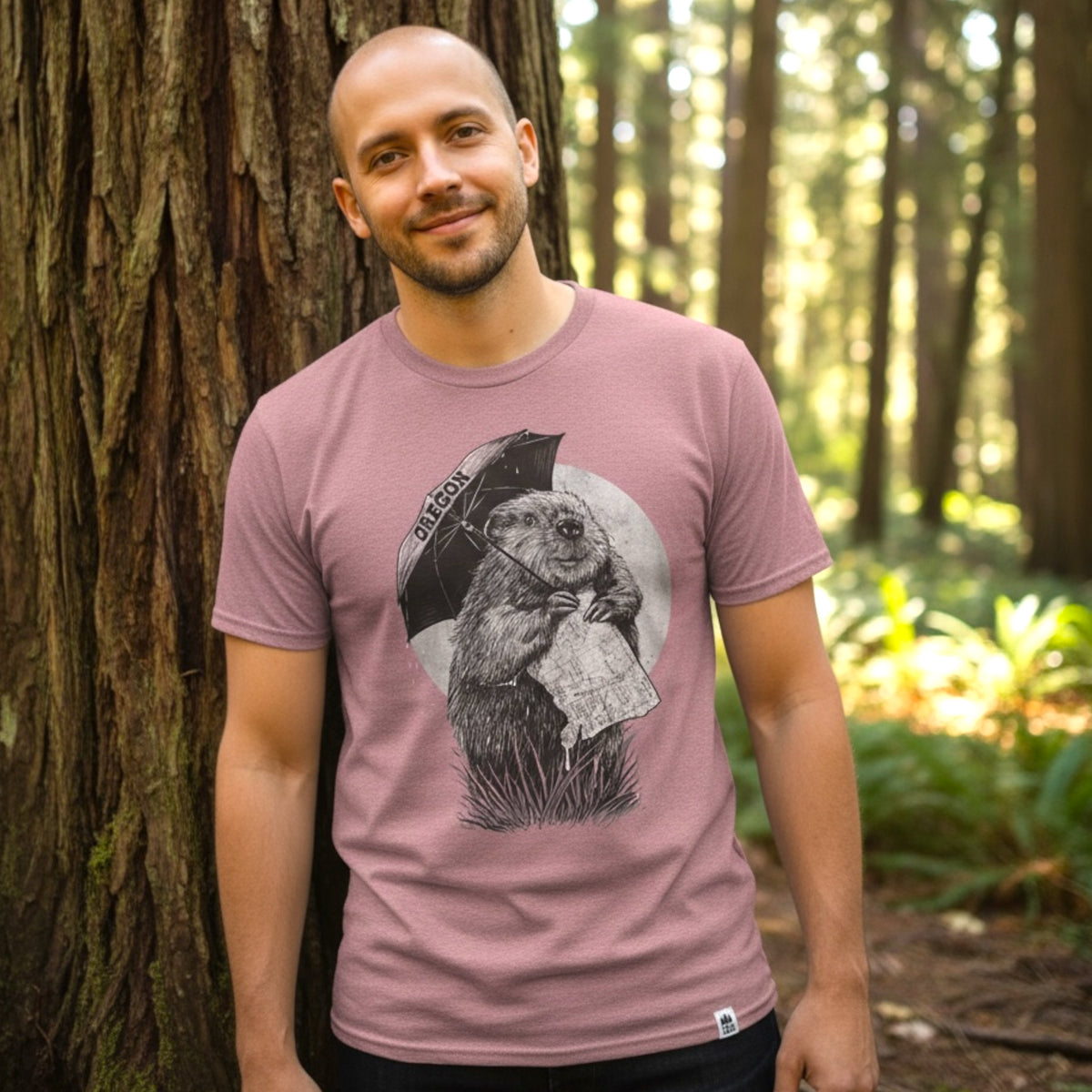 Oregon Beaver with Umbrella and State Map | Adult T-Shirt