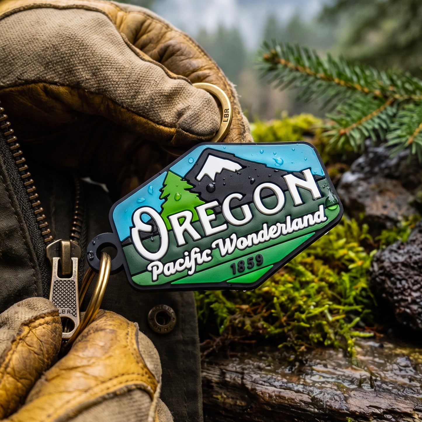 A close-up of a rugged leather glove holding a colorful Oregon-themed keychain with a mountain and forest design, set against a mossy outdoor background.