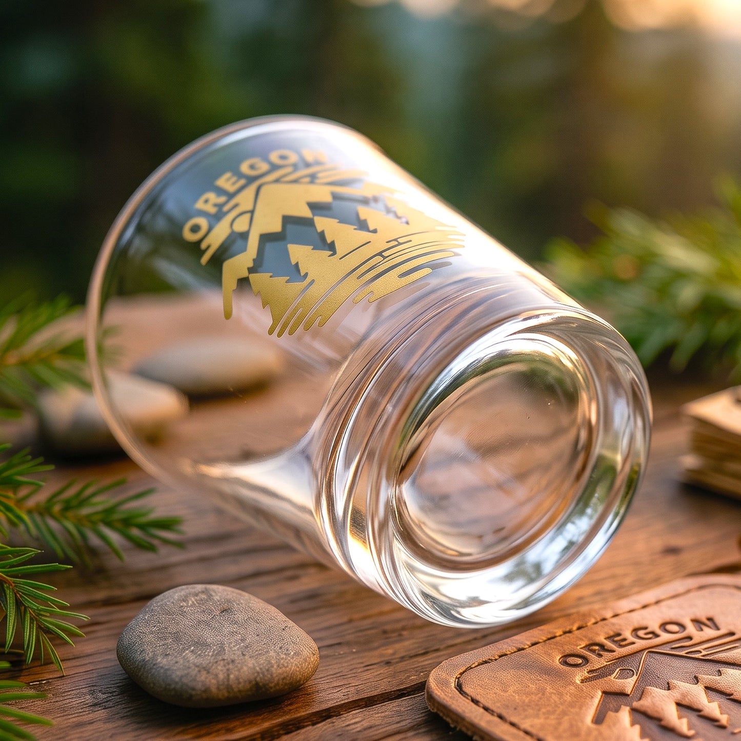 A clear glass shot glass with a gold Oregon mountain graphic, lying on its side on a rustic wooden surface with pine branches and stones