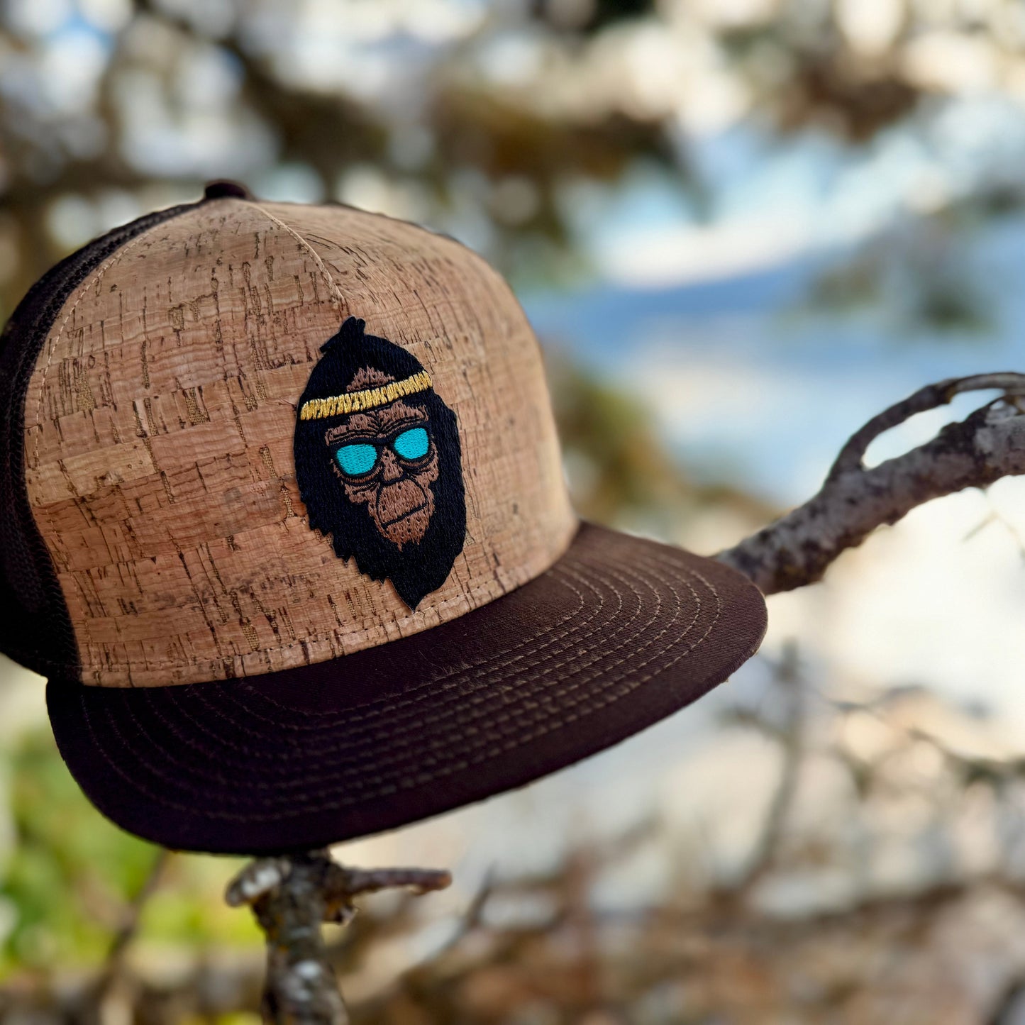 Retro Squatch Cork-front flat bill trucker hat BROWN