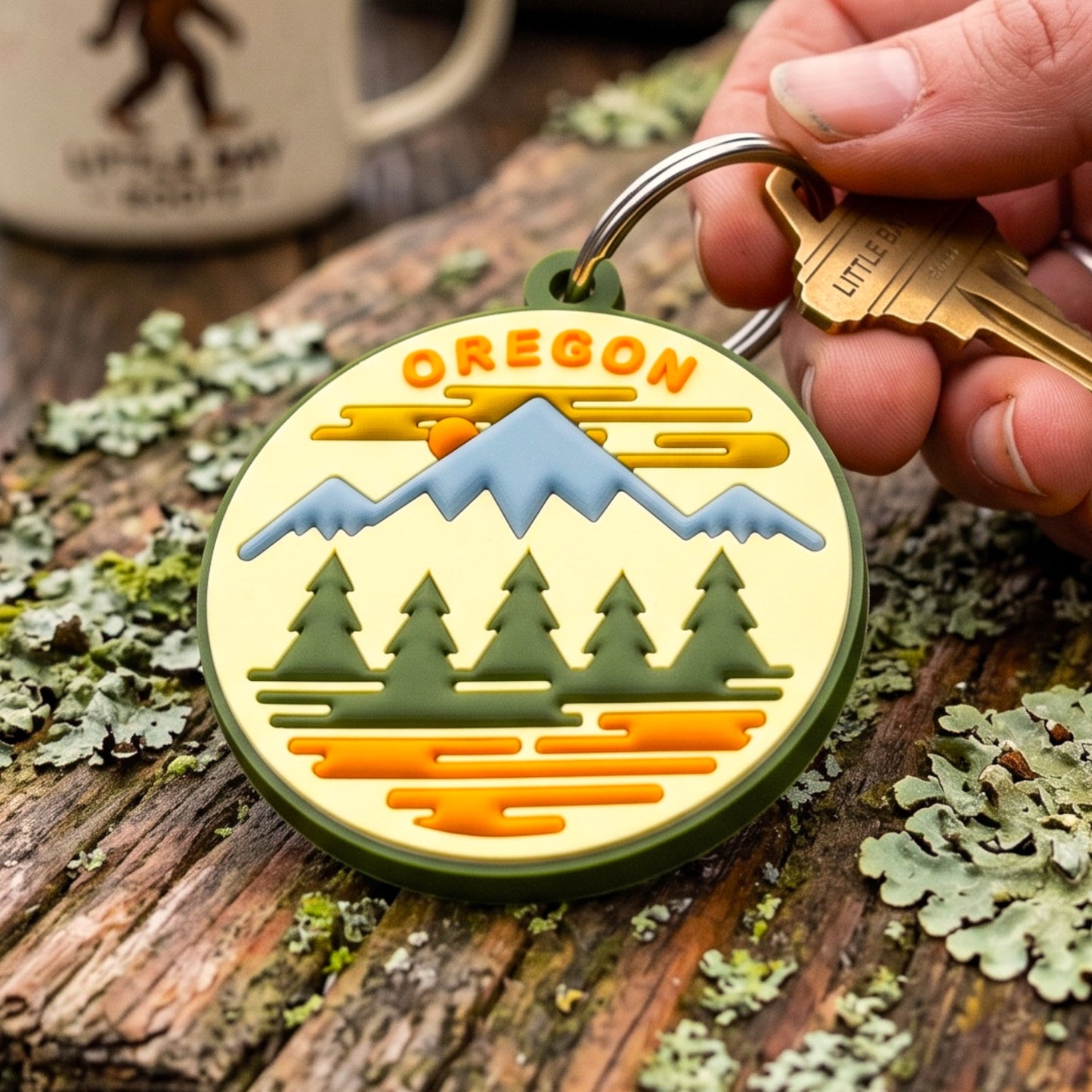 A round keychain featuring an Oregon landscape design with mountains, pine trees, and orange clouds on a cream background, held by a hand on a rustic wooden surface with moss and a mug in the background.