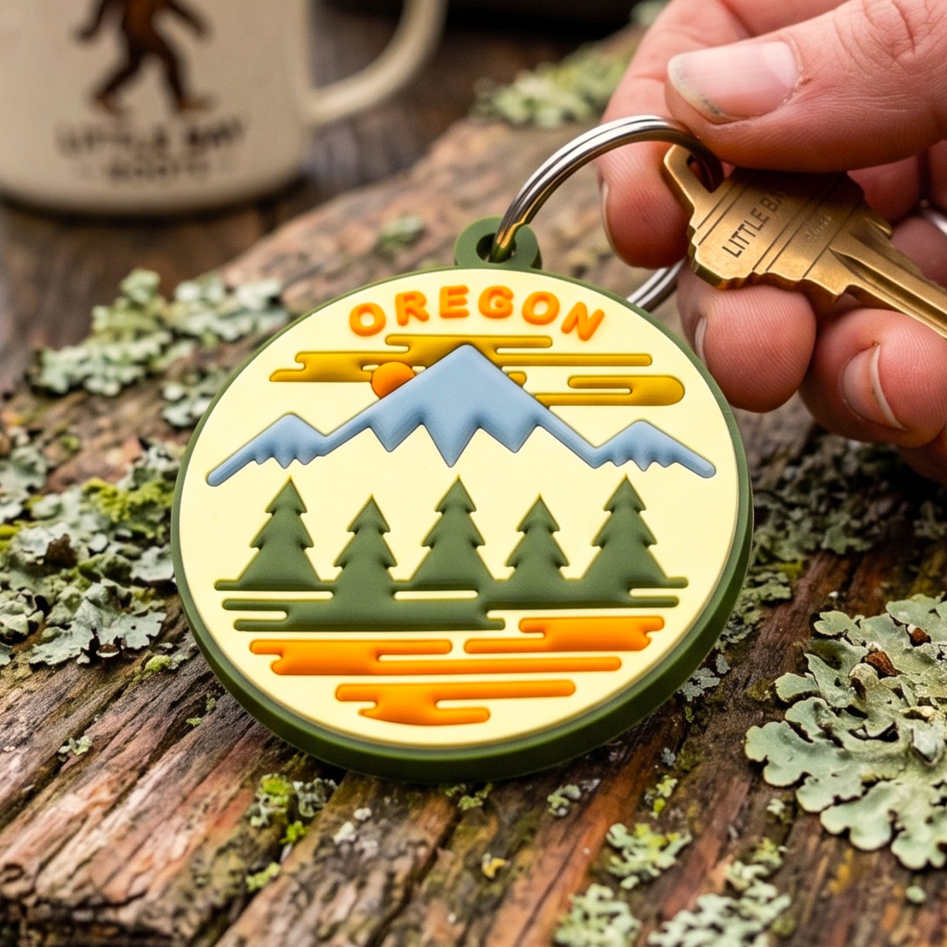 A round keychain featuring an Oregon landscape design with mountains, pine trees, and orange clouds on a cream background, held by a hand on a rustic wooden surface with moss and a mug in the background.
