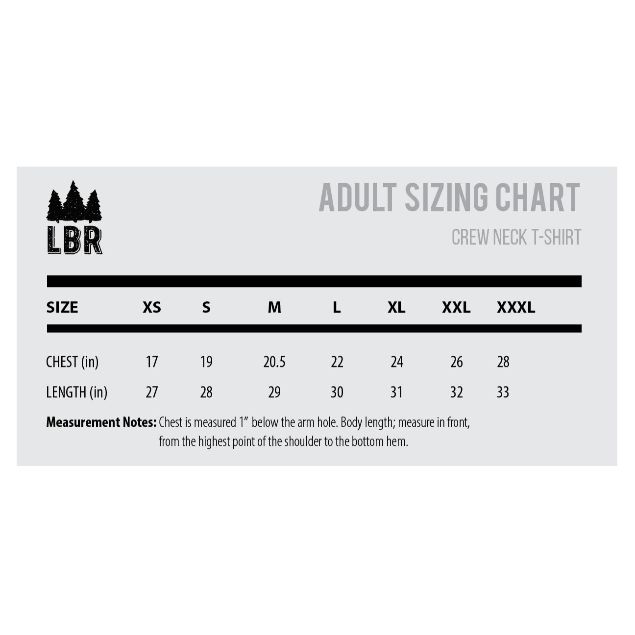 LBR Adult t-shirt size chart