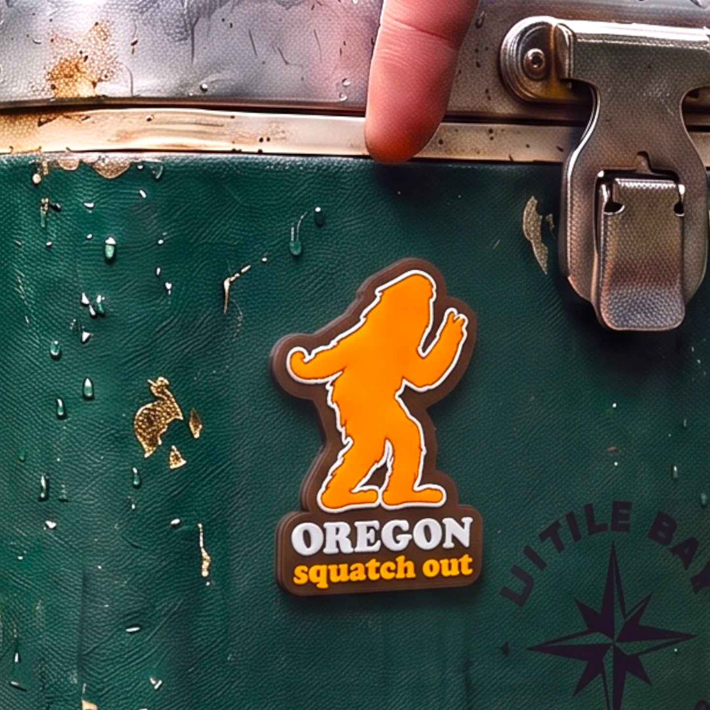A close-up of a green textured surface with a metal latch and a finger pressing down on a rubber bumper sticker. The sticker features an orange Bigfoot silhouette above the words 'OREGON squatch out' in white and orange.