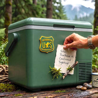 Sasquatch Preservation Society PVC refrigerator Sasquatch magnet featuring a playful Bigfoot design for refrigerators, lockers, campers, and office spaces