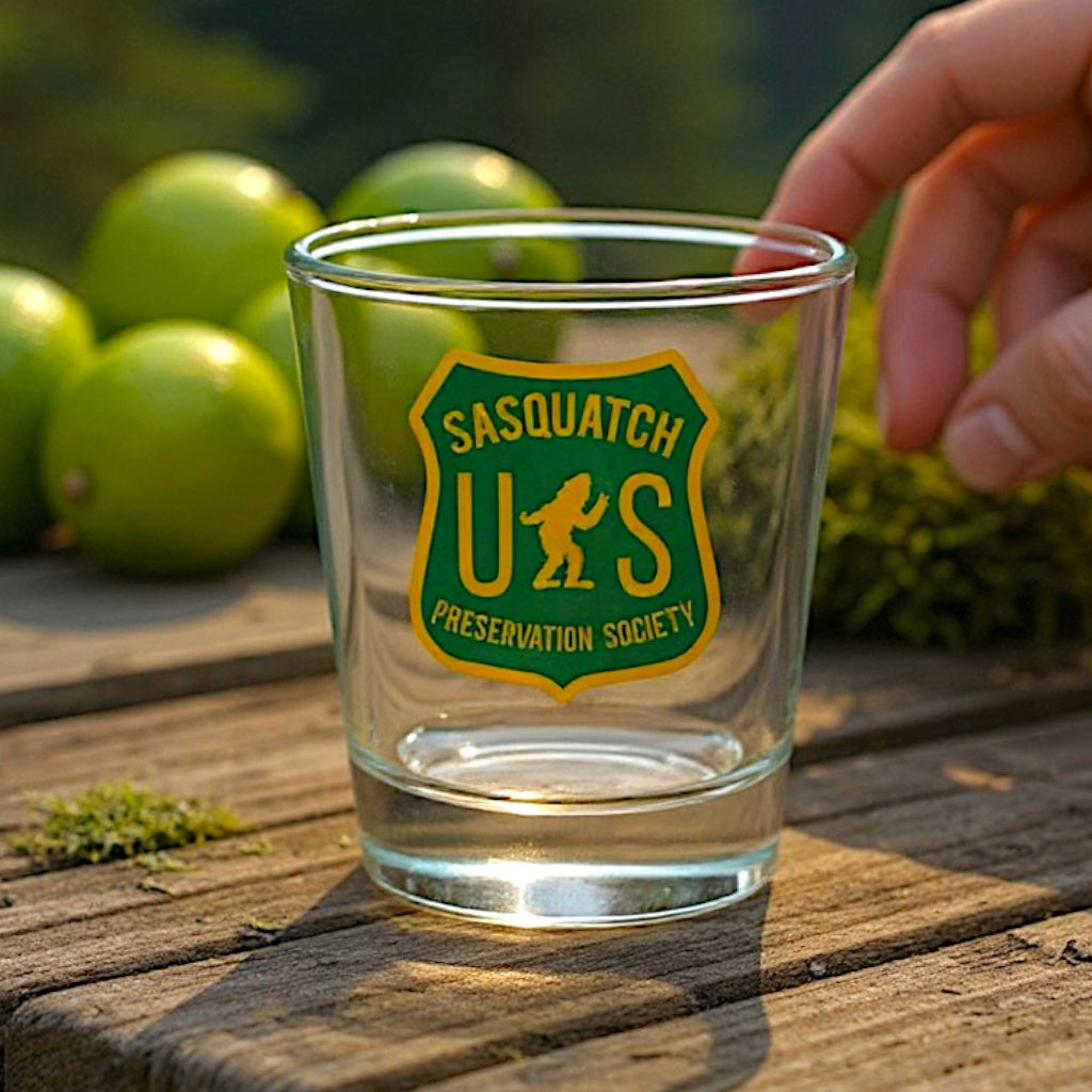 A clear glass shot glass featuring a green and yellow 'SASQUATCH PRESERVATION SOCIETY U.S.’