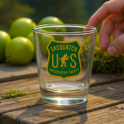 A clear glass shot glass featuring a green and yellow 'SASQUATCH PRESERVATION SOCIETY U.S.’