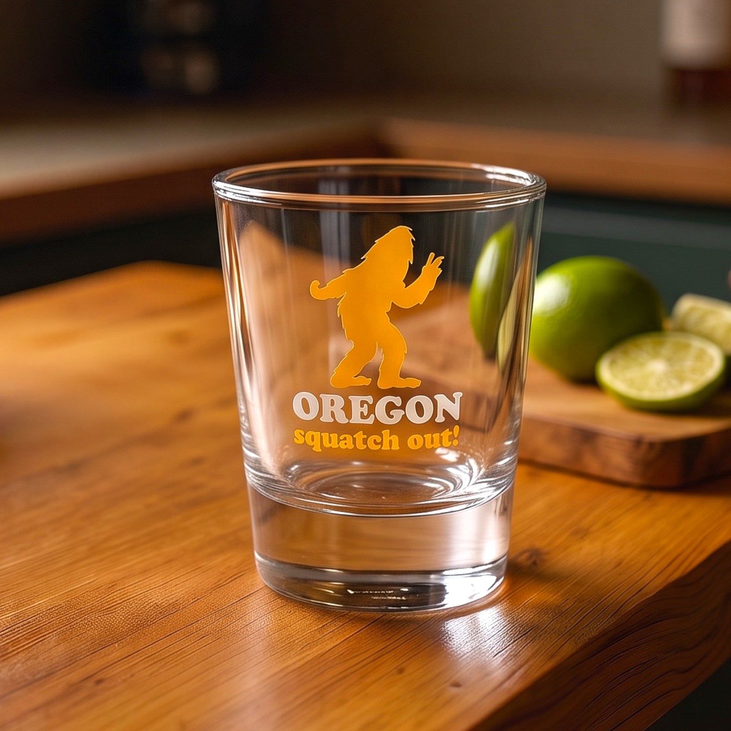 A clear glass tumbler with a yellow graphic of Bigfoot and the text 'OREGON squatch out!' sits on a wooden table, with limes blurred in the background.
