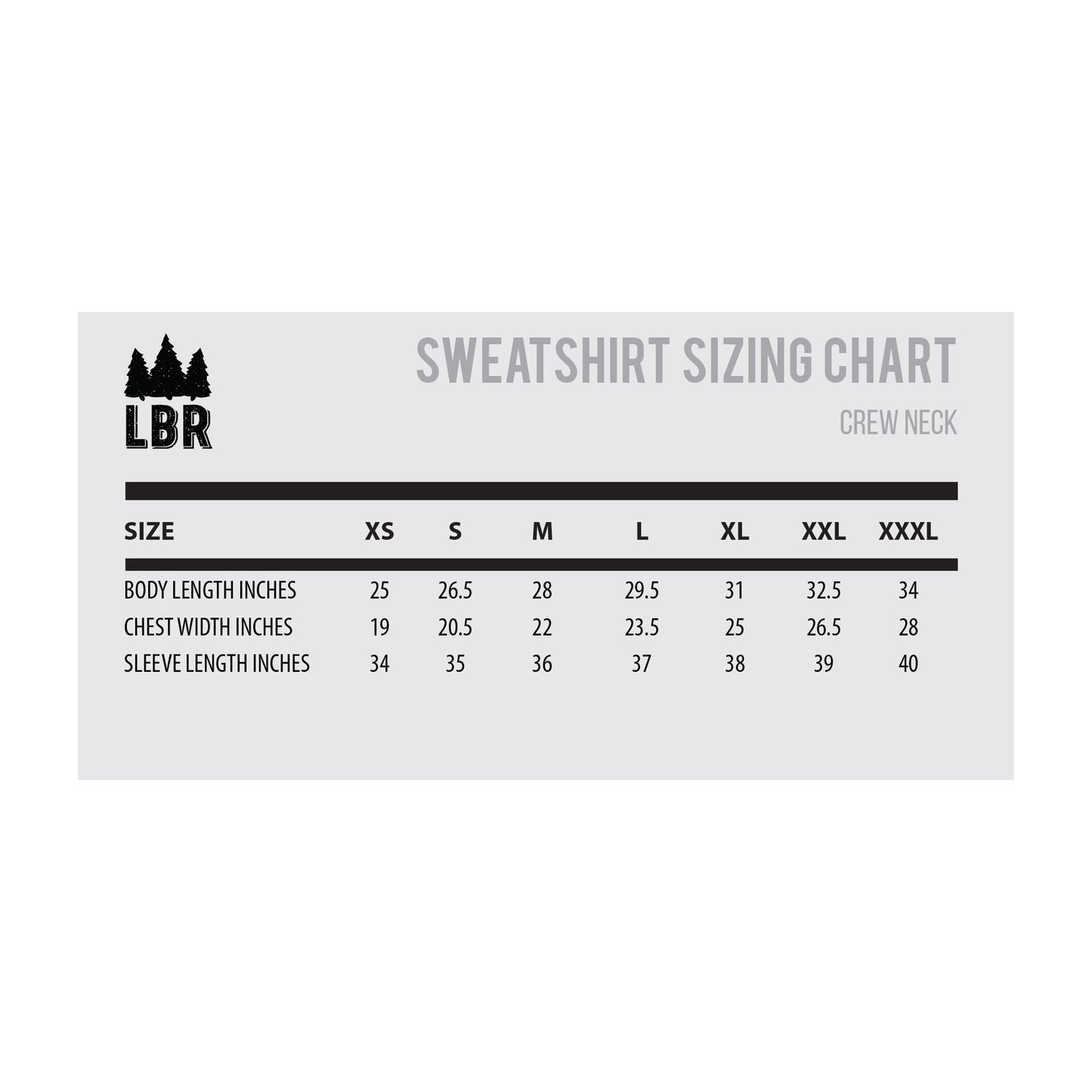 LBR Crewneck Sweatshirt Size Chart