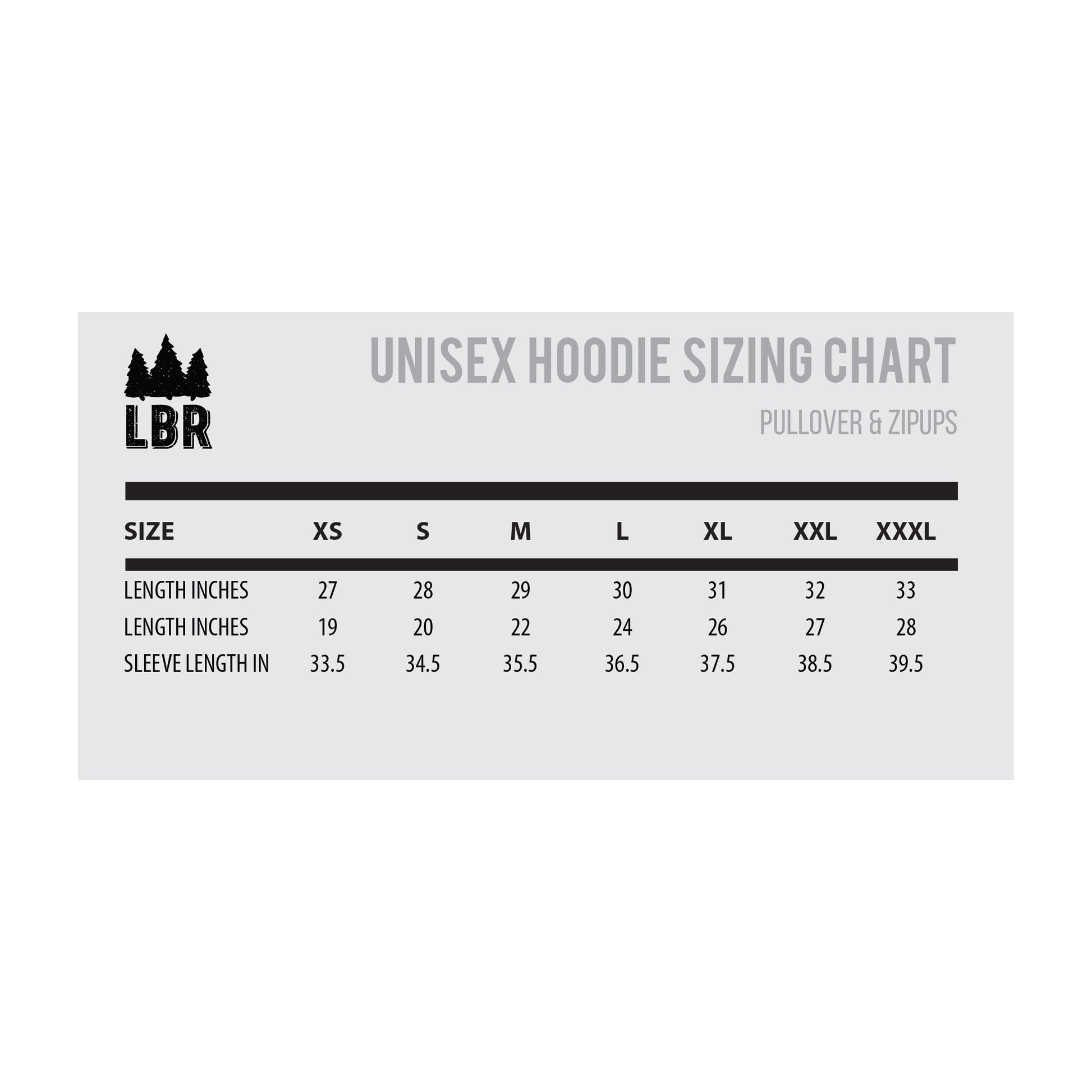 LBR Hoodie Size Chart