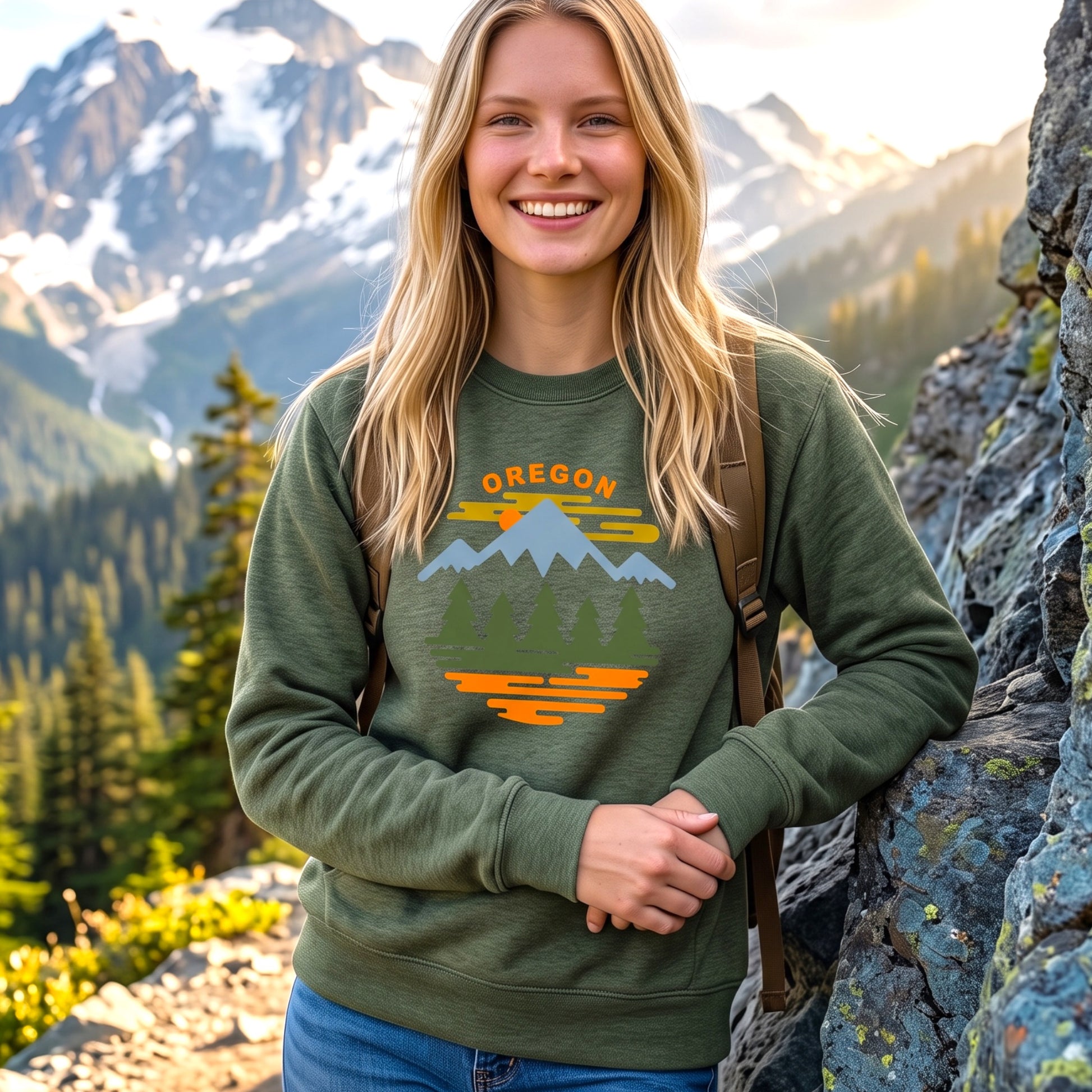 A smiling blonde woman wearing an olive green crewneck sweatshirt with a colorful 'OREGON' mountain and tree graphic, standing outdoors against a mountain landscape background.