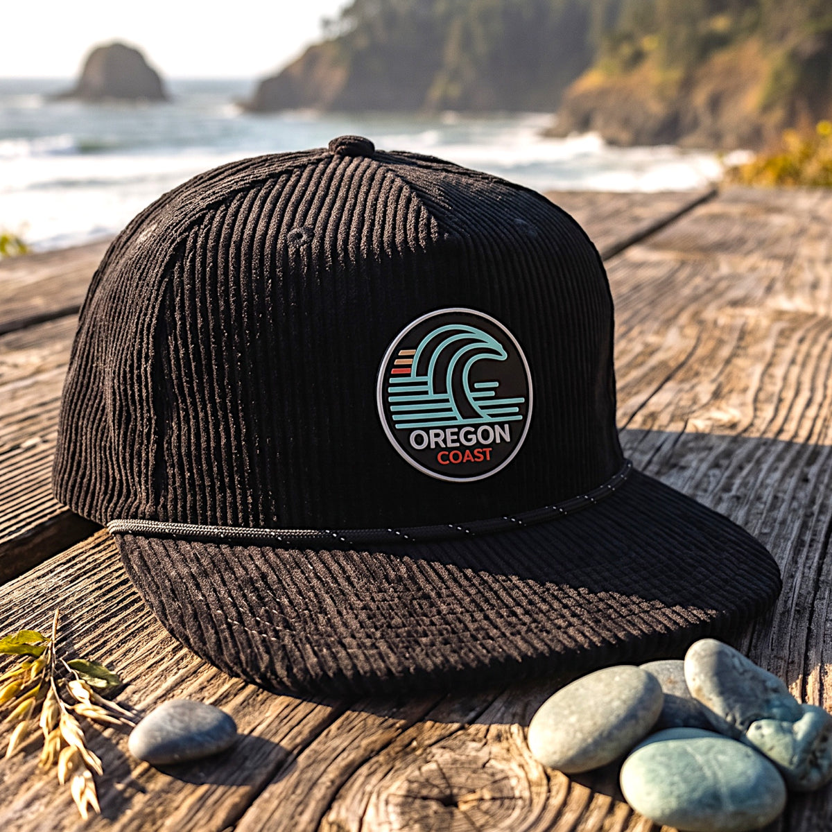 Oregon Coast Surf flat bill camper-style snapback hat with coastal wave PVC patch