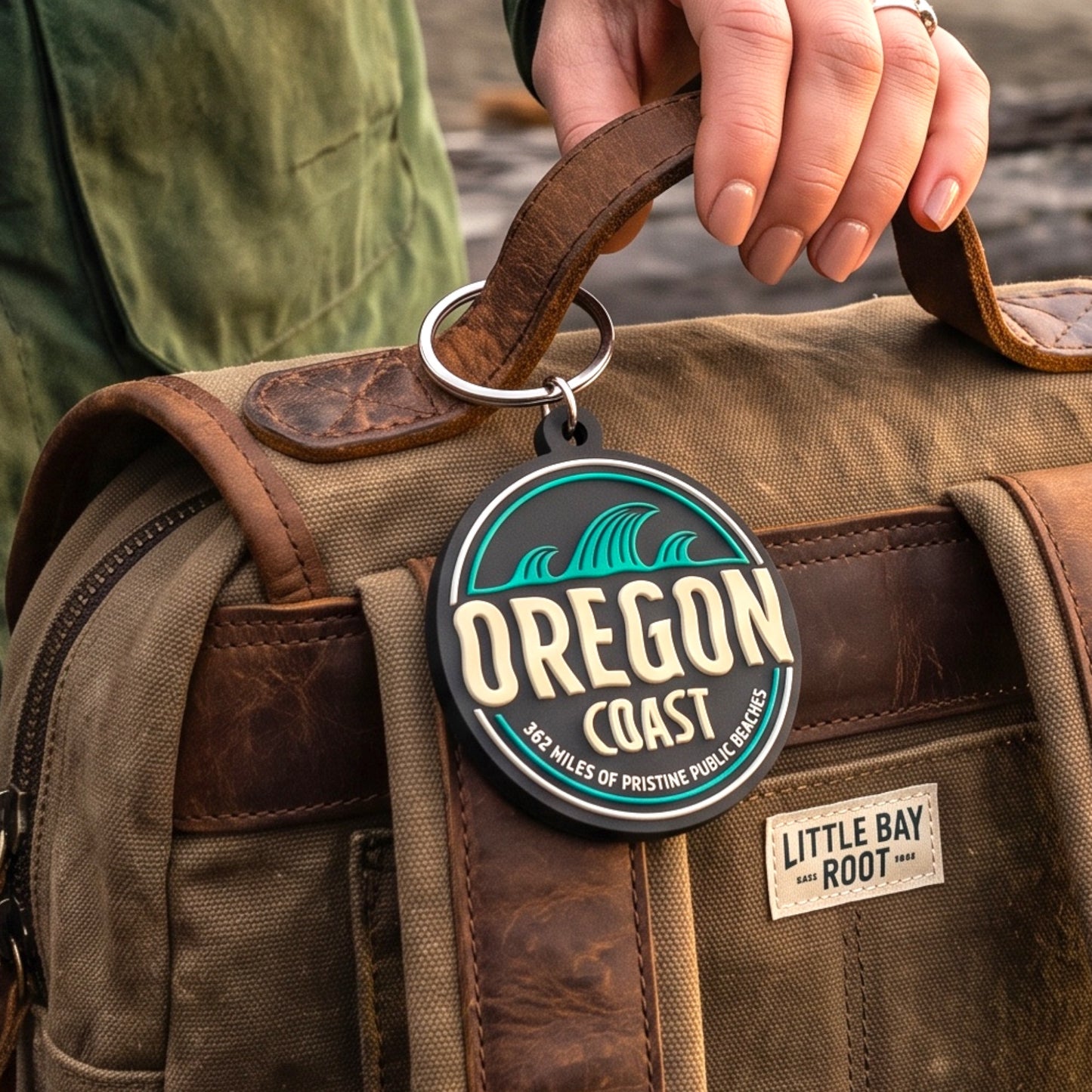 A close-up of a round black and teal 'Oregon Coast' keychain hanging from a brown leather handle on a tan canvas duffel bag. A person's hand holds the handle, and a small 'Little Bay Root' brand patch is visible on the bag.