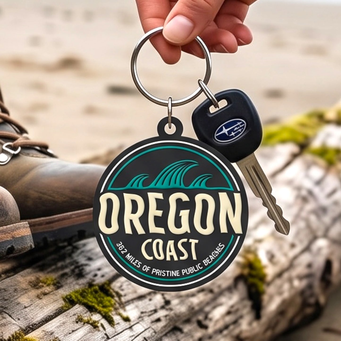 A round keychain with a metal key ring and attached car key, held by a hand over a rustic log with sand in the background. The keychain reads "OREGON COAST" with wave graphics and smaller text "365 MILES OF PRISTINE PUBLIC REVERSES.