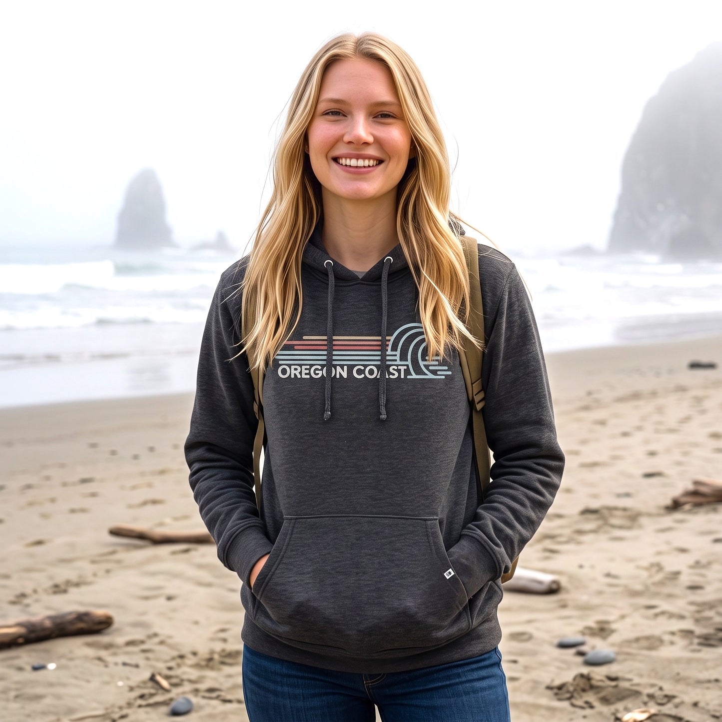 A smiling blonde woman stands on a sandy beach wearing a dark charcoal gray hoodie with a 'OREGON COAST' graphic across the chest, blue jeans, and a backpack.