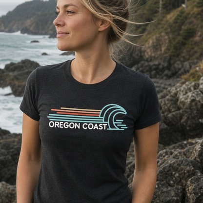 A woman standing on a rocky coastal cliff wearing a dark charcoal gray t-shirt with a retro-style multicolor graphic that reads 'OREGON COAST' with wave and stripe details. The background shows the ocean, cliffs, and green trees under an overcast sky.