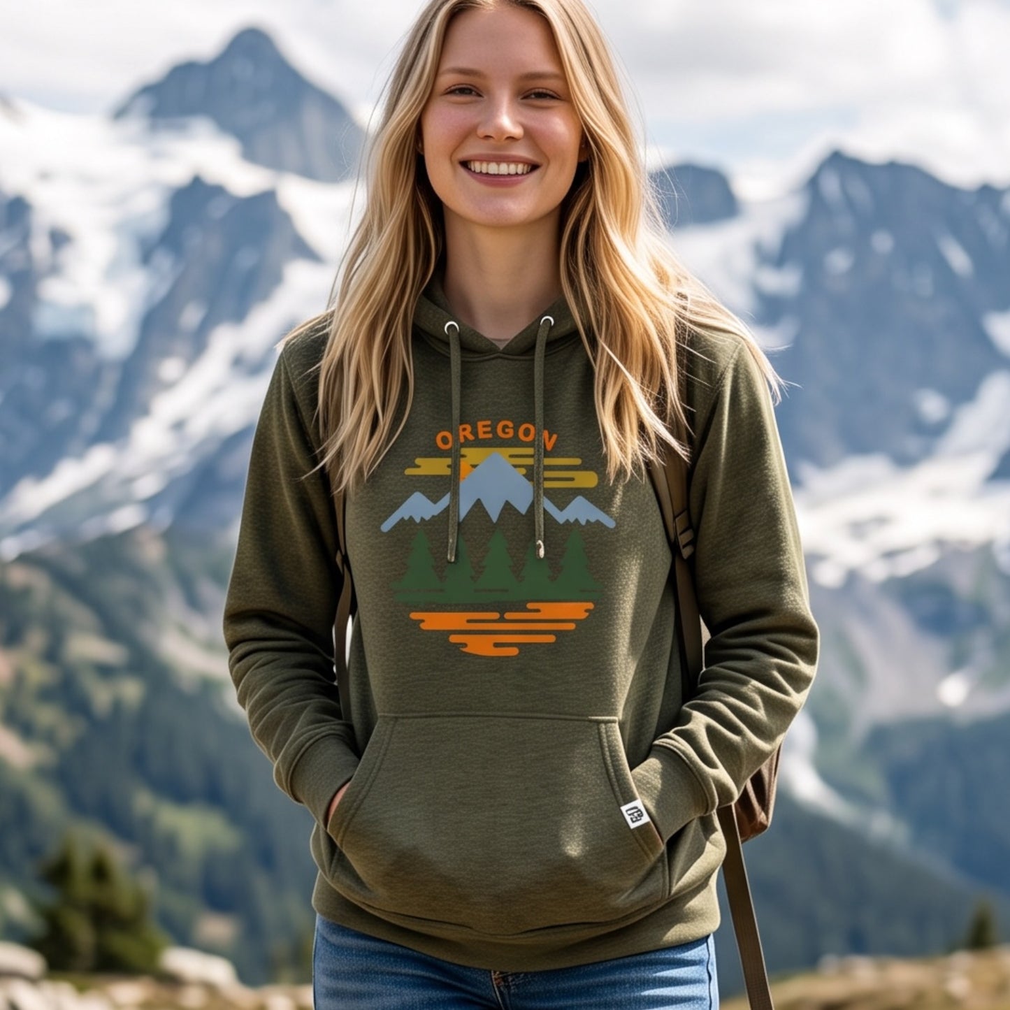 A smiling woman outdoors in front of snowy mountains wears an olive green pullover hoodie with a colorful 'OREGON' mountain-and-lake graphic on the chest.