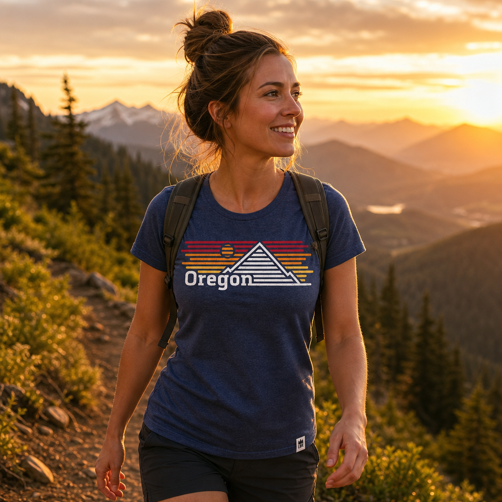 A woman hiking on a mountain trail at sunset, wearing a navy blue Oregon graphic t-shirt and black shorts.