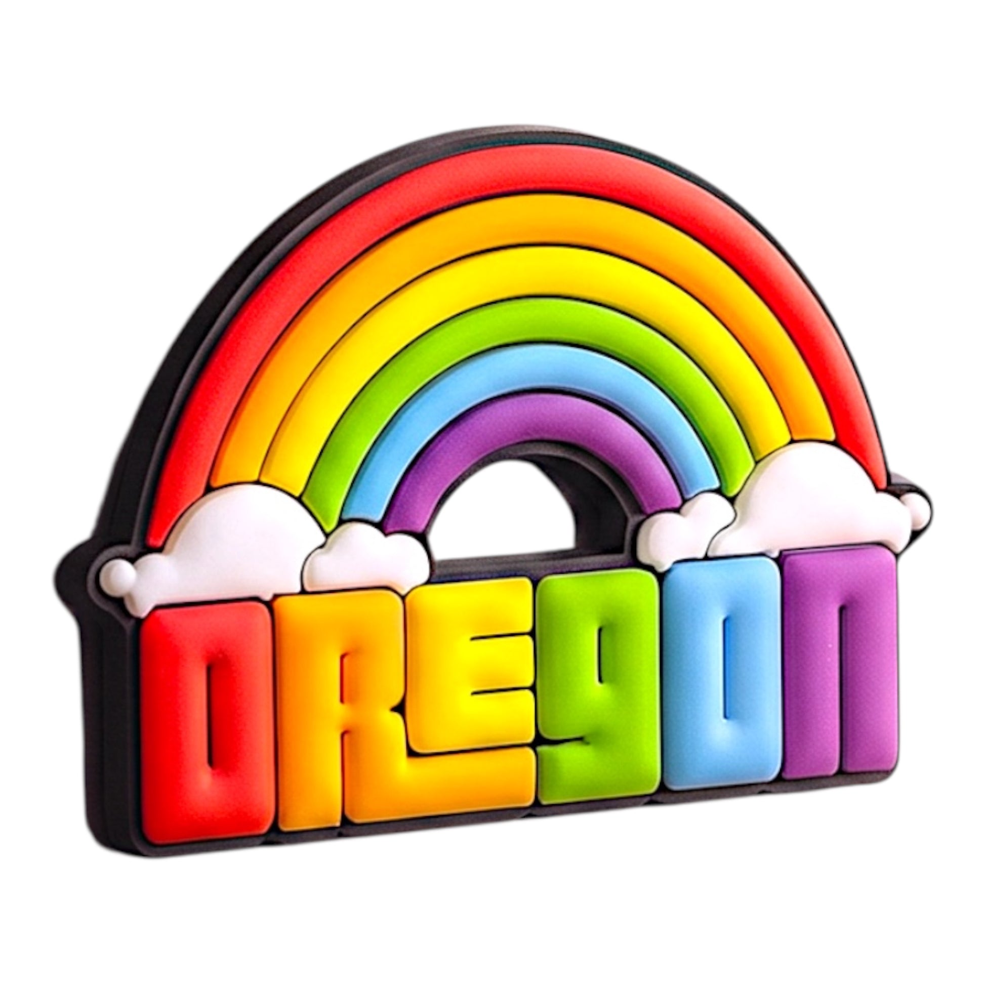 A 3D rainbow-shaped decorative item spelling 'OREGON' with white clouds, shown on a plain white background.