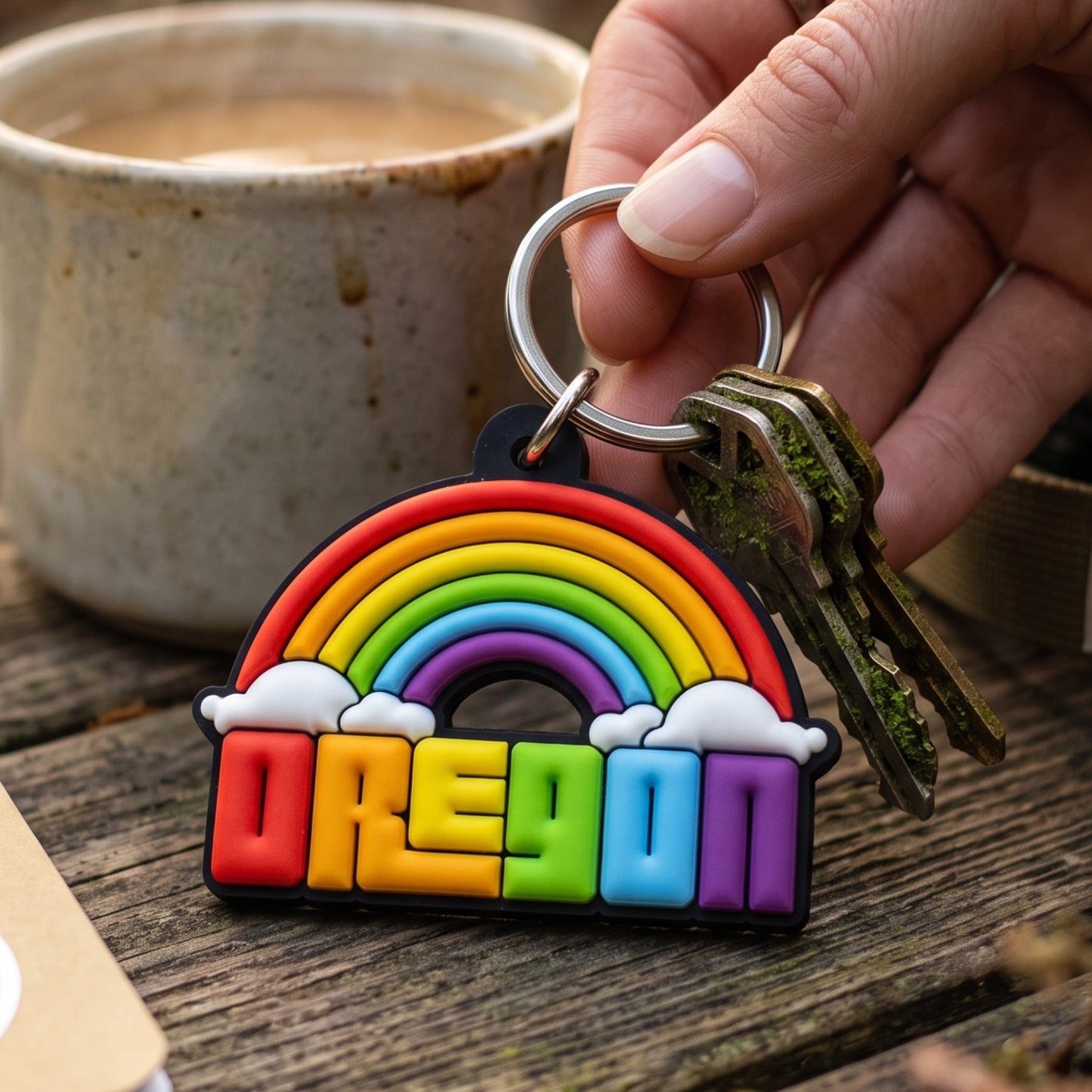 A hand holds a rainbow-shaped keychain with the word "OREGON" in colorful block letters, attached to metal keys, with a ceramic mug and wooden table in the background.