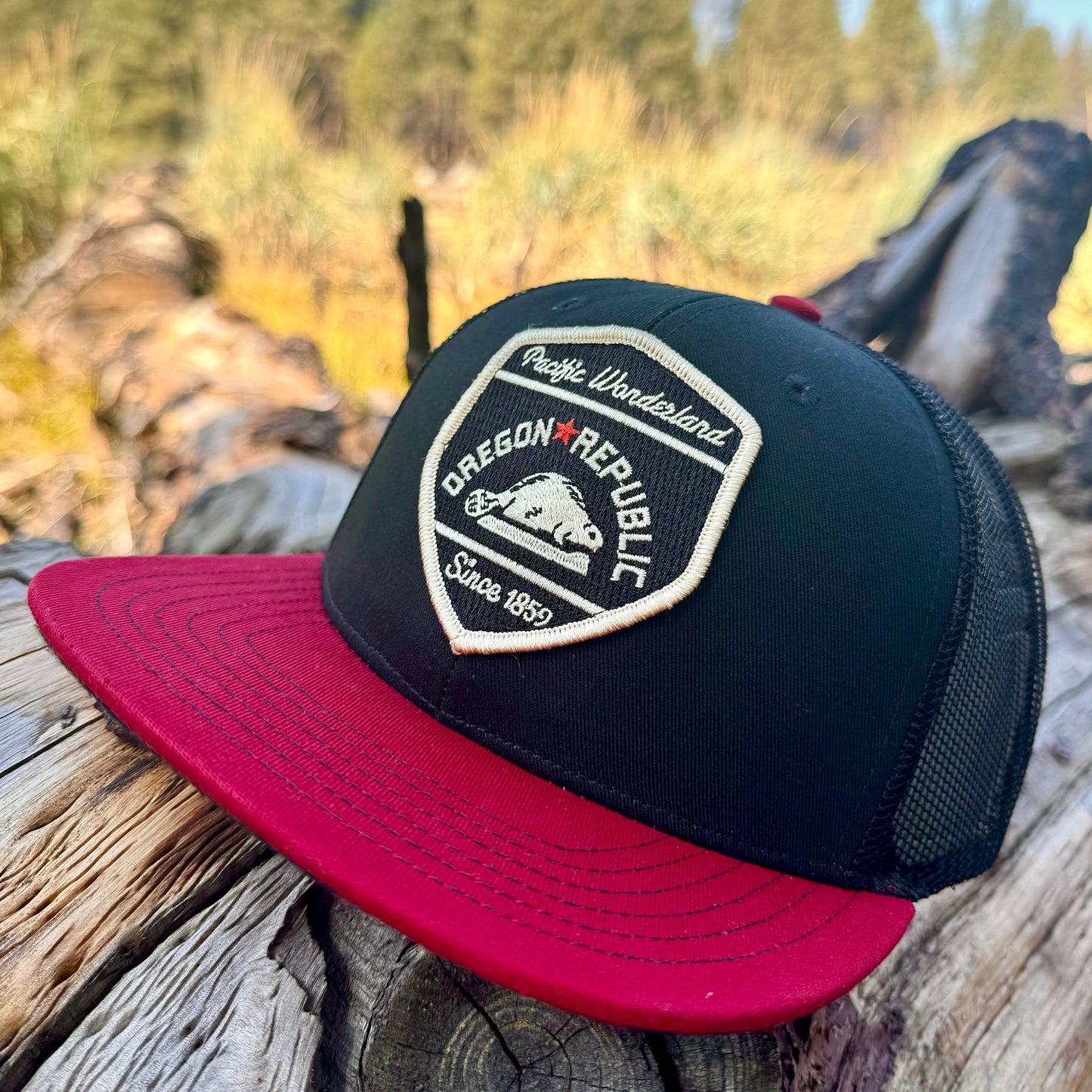 Oregon Republic Trucker Hat with plaid flannel-lined brim