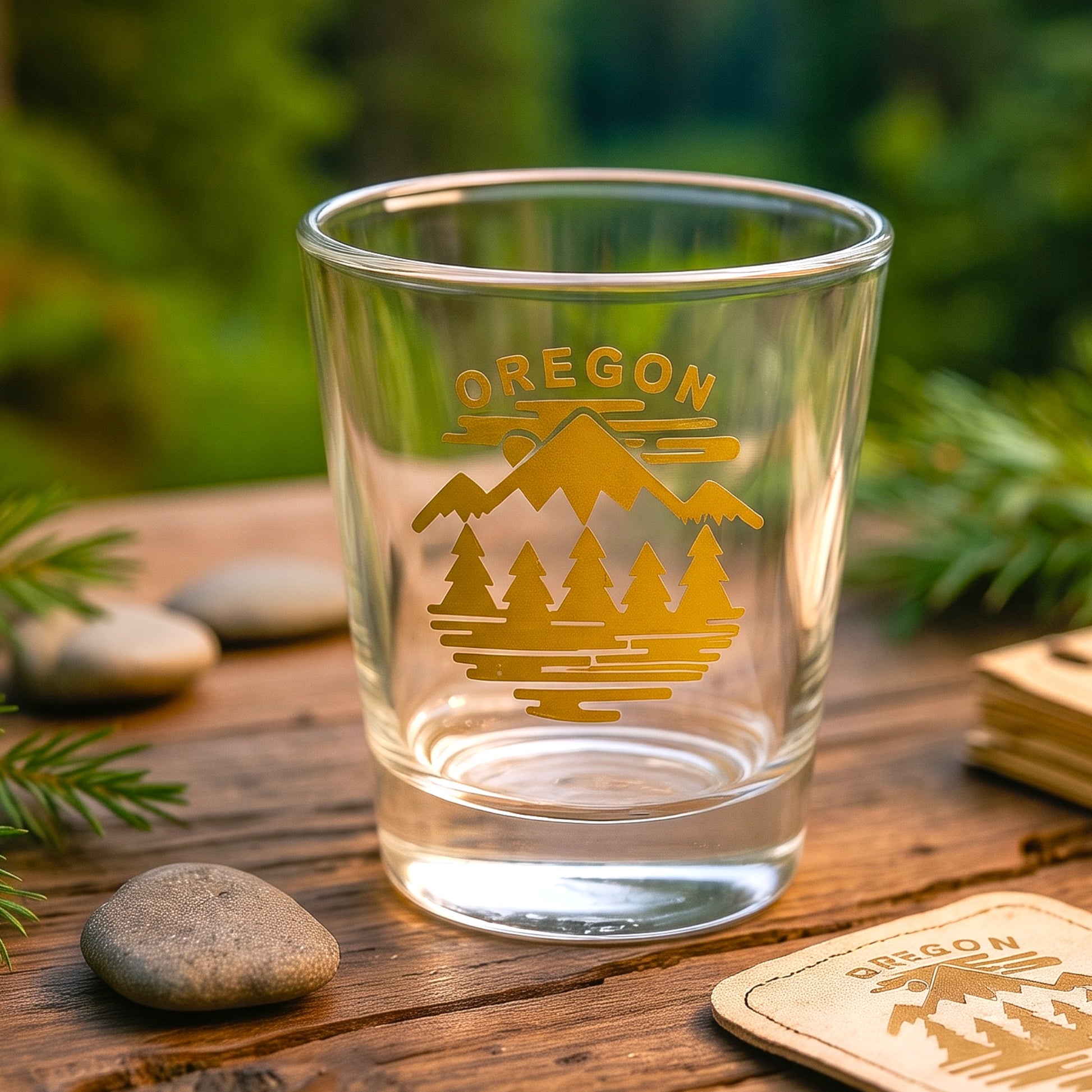 A clear glass shot tumbler with a gold Oregon mountain and tree design, set on a rustic wooden surface with green foliage in the background.