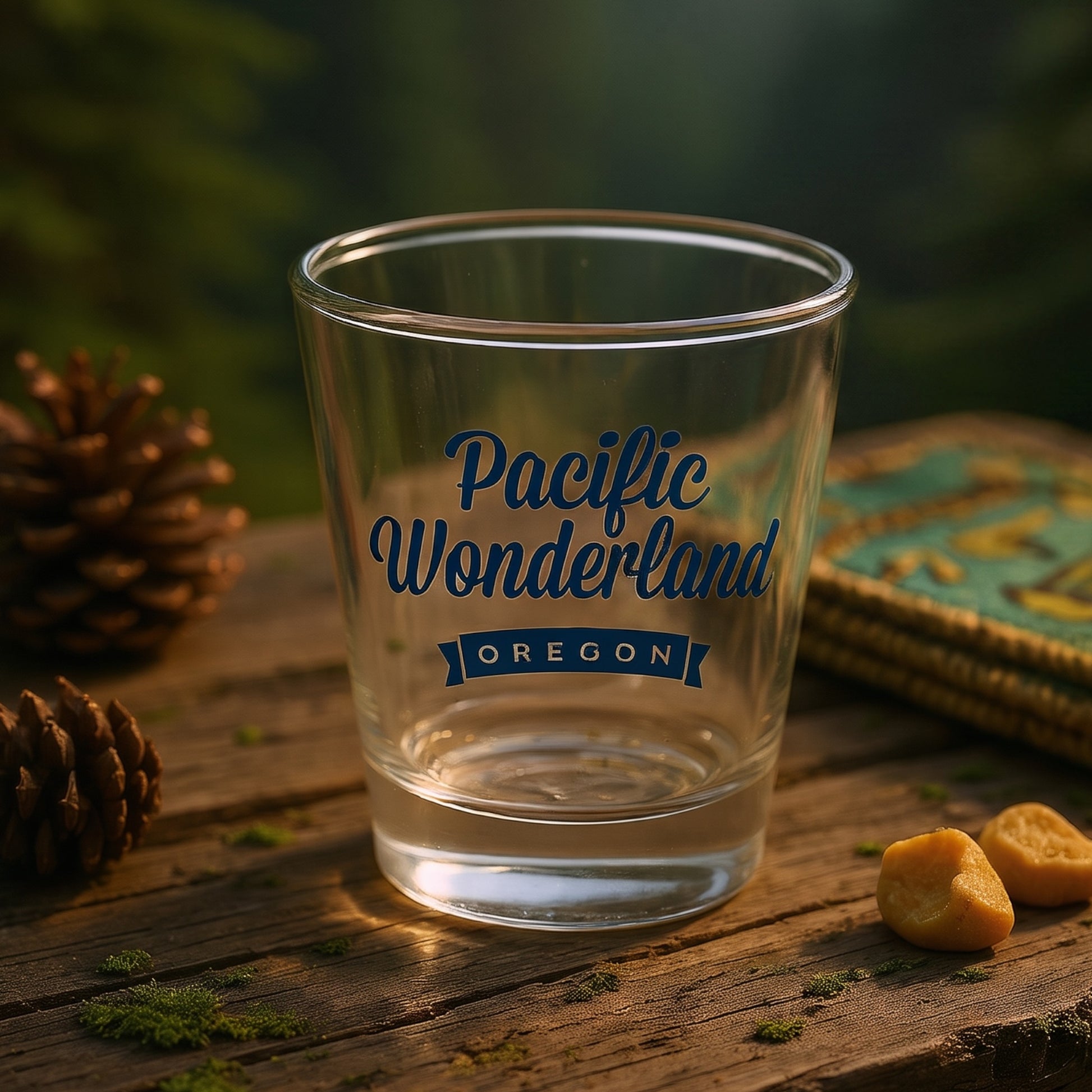 A clear glass shot glass with 'Pacific Wonderland OREGON' printed in dark blue lettering, set on a rustic wooden surface with pinecones and a blurred forest background.