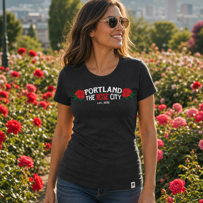 A woman wearing a black graphic t-shirt with 'PORTLAND THE ROSE CITY est. 1856' printed in white and red with rose illustrations, set against a background of blooming rose bushes.