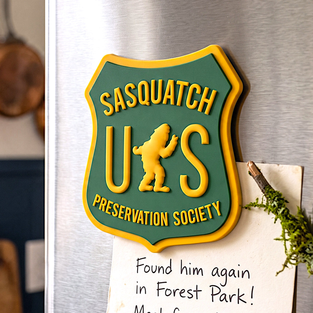 Sasquatch Preservation Society | PVC Refrigerator Magnet, a durable Bigfoot Sasquatch magnet with Pacific Northwest-inspired design