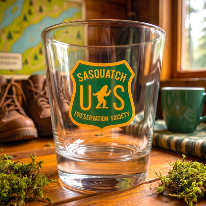 A clear glass shot glass with a green and yellow 'SASQUATCH PRESERVATION SOCIETY U.S.’