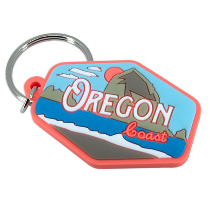 Oregon Coast Vintage PVC Key Ring featuring vibrant Haystack Rock design, perfect for keeping keys organized and a great Oregon Coast key ring souvenir.