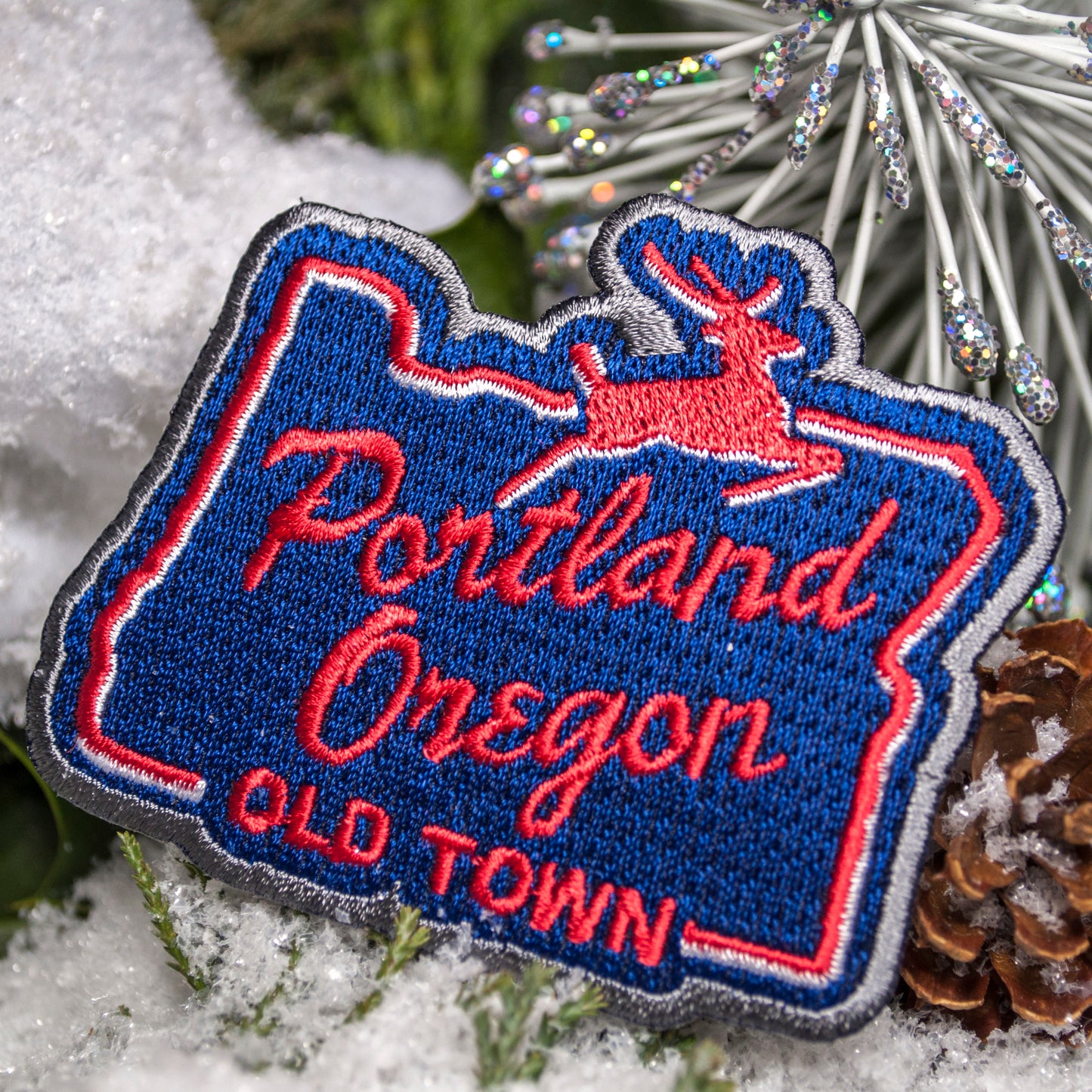 White Stag Sign Portland Oregon | Iron-on Embroidered Patch